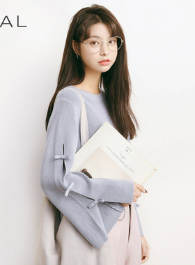 EAL楠涛春季韩版女蝴蝶结纯色打底针织衫喇叭袖宽松毛衣A589