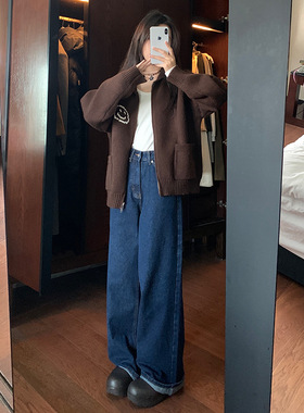 EAL楠涛韩版高腰设计感深蓝色牛仔裤女2025秋冬宽松阔腿直筒休闲