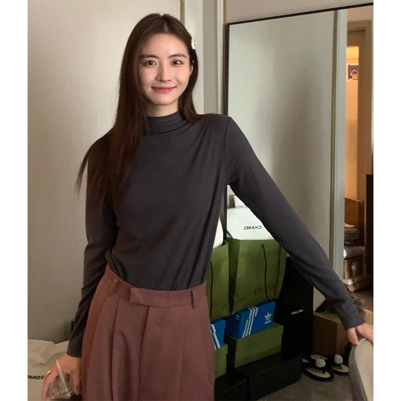 EAL玻尿酸磨毛半高领打底衫女长袖T恤2025秋冬修身百搭内搭上衣