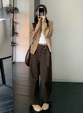 EAL羽迹设计感可调节腰带直筒裤2025秋季ins宽松阔腿休闲长裤女潮