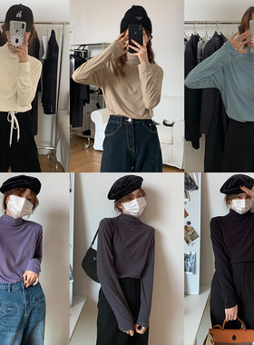 EAL羽迹秋半高领打底衫女长袖T恤堆堆领双面绒针织衫修身显瘦上衣