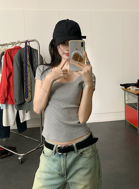 EAL楠涛针织大u领纯欲慵懒T恤女夏季2025修身正肩显瘦打底上衣