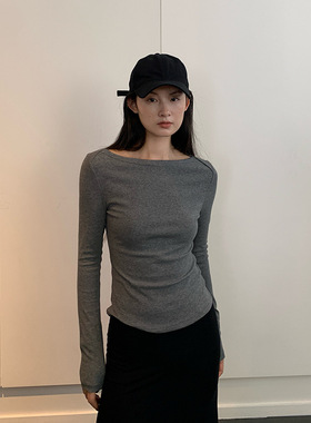 EAL羽迹复古船领打底衫女2025秋季休闲修身显瘦长袖t恤上衣内搭