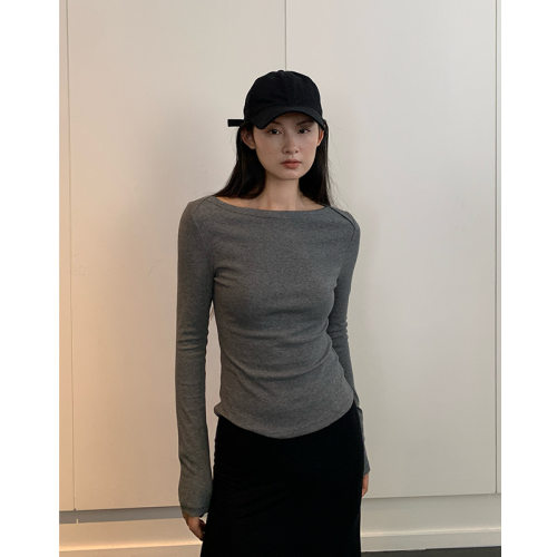 EAL羽迹复古船领打底衫女2025秋季休闲修身显瘦长袖t恤上衣内搭