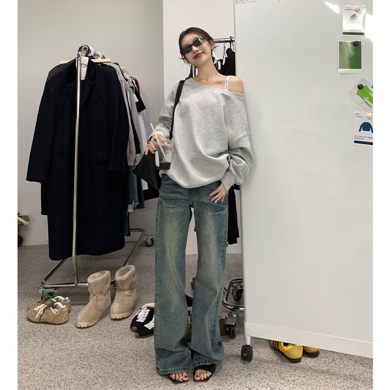 EAL羽迹慵懒感低腰牛仔裤女2025春季复古做旧阔腿裤显瘦拖地长裤