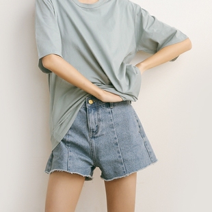 女显瘦高腰大码 拼接毛边牛仔短裤 A775 韩版 EAL羽迹2025夏季