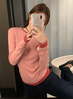 长袖假两件撞色女士T恤