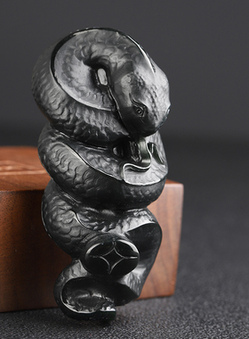 天然和田玉黑塔青玉招财蛇手把件