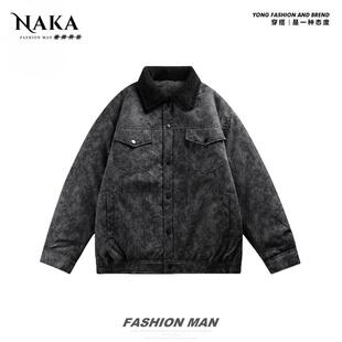 NAKA男士 潮牌街头古着感翻领棉衣男女款 小众扎染外套 秋冬外套美式