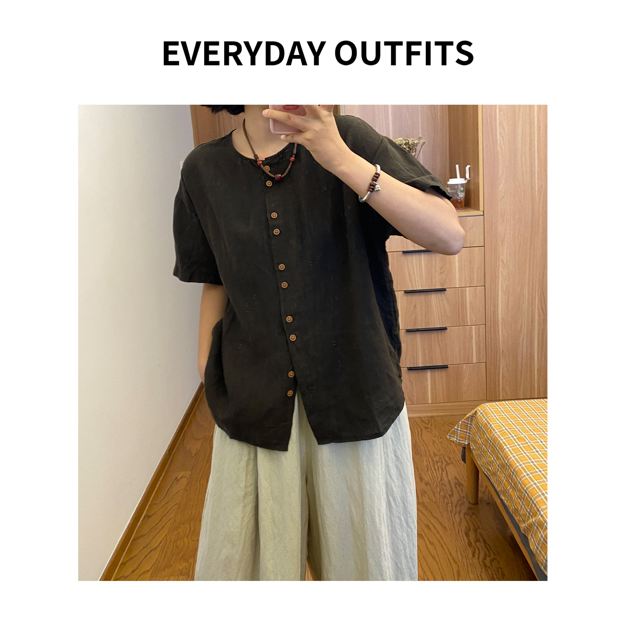 XH-RIDA· 叠扣亚麻衫5F06显瘦休闲夏季复古小众薄款 25203