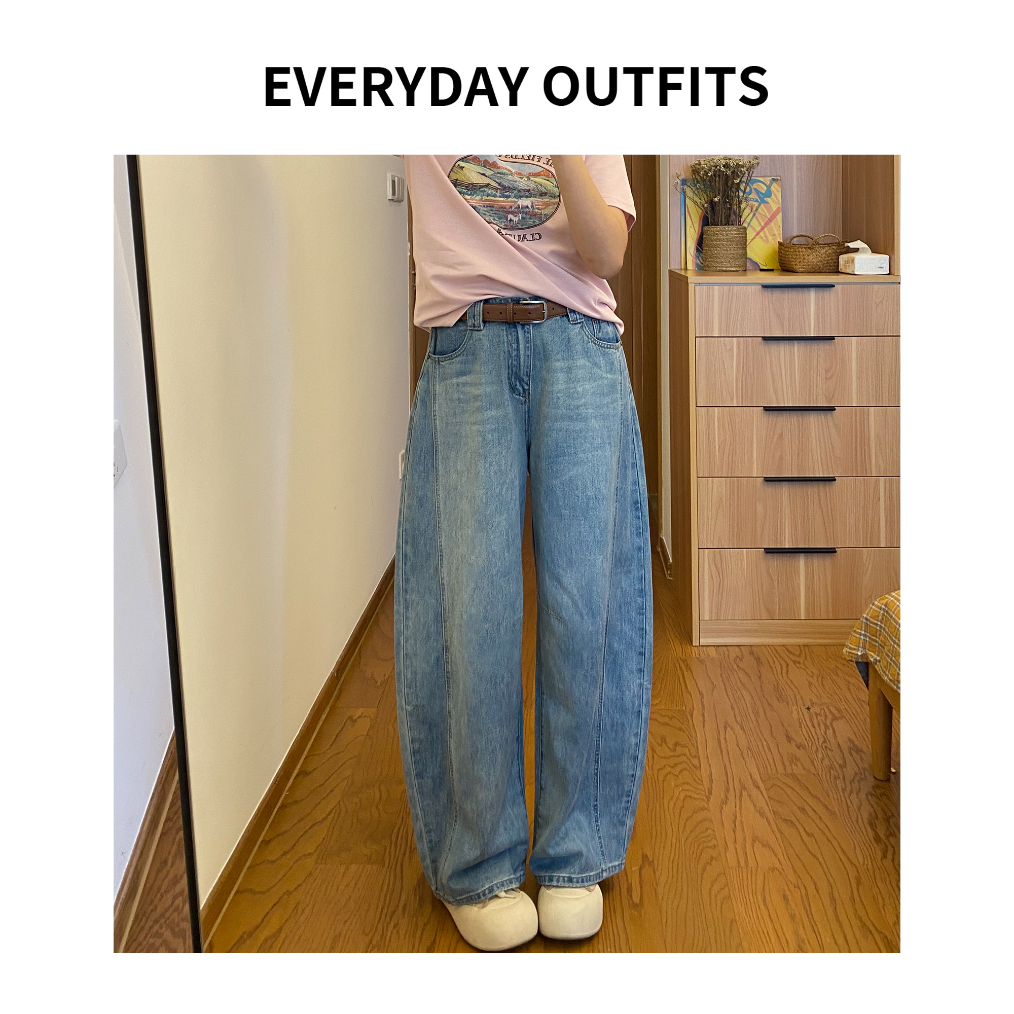 XH-RIDA··半松紧弯牛仔裤5B28休闲百搭小众宽松复古春季86001