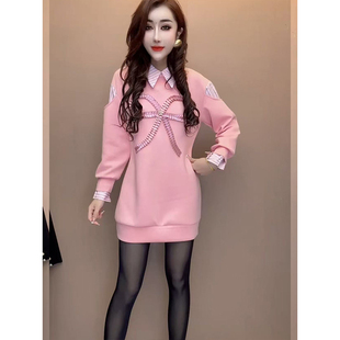 慵懒风条纹衬衫假两件卫衣女2025秋冬新款粉红色宽松显瘦休闲上衣