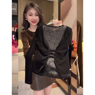 百搭上衣 女2025秋冬新款 欧洲站时尚 气质金丝绒蕾丝后背设计感小衫