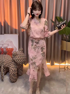 新中式夏季新款提花连衣裙2025复古鱼尾包臀裙气质改良旗袍轻礼服