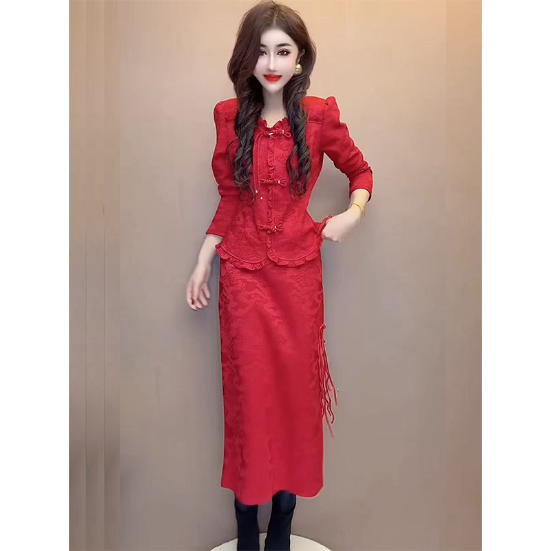 高级改良唐装上衣半身裙两件套