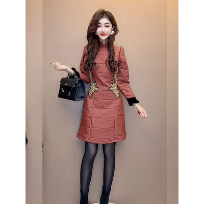 秋冬新款高端盘扣薄棉显瘦连衣裙