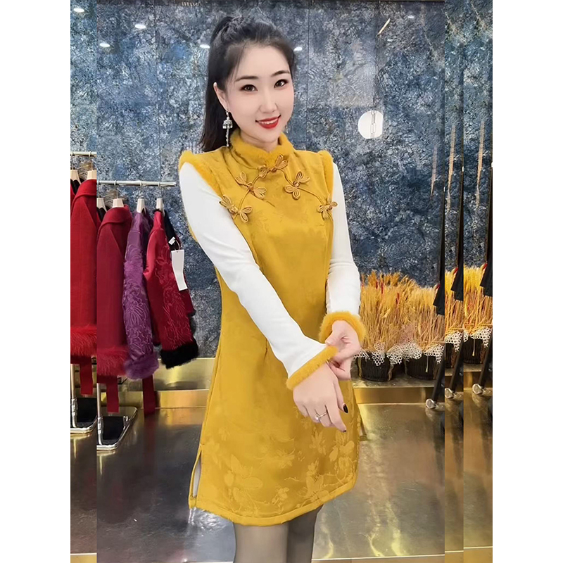 加绒旗袍马甲裙复古打底衫两件套