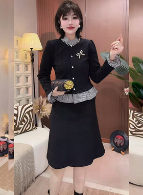 秋冬格纹拼接减龄显瘦连衣裙套装