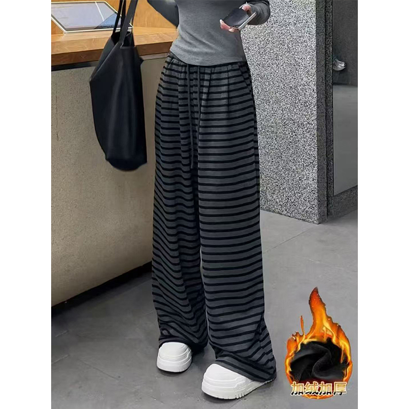 慵懒风黑灰条纹加绒卫裤女2025冬