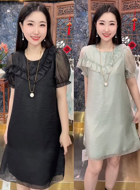 法式夏季新款薄纱短袖圆领连衣裙
