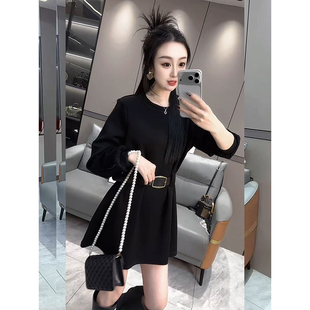 韩版串珠长袖腰带连衣裙女秋冬收腰显瘦气质中长款时尚卫衣裙子