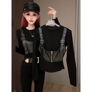 韩版洋气假两件背带pu皮拼接打底衫2025秋冬新款收腰显瘦上衣小衫