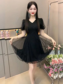 法式 网纱连衣裙2025高腰显瘦气质满天星小个子蓬蓬裙 赫本风泡泡袖