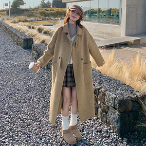 卡其色双面羊绒大衣女冬新款高级感赫本风中长款显瘦过膝毛呢外套图片