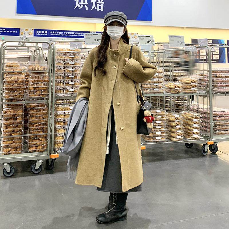 枫叶黄羊绒双面呢大衣女新款冬季高级感气质显瘦立领长款毛呢大衣,女装毛呢外套,昱儿e优优