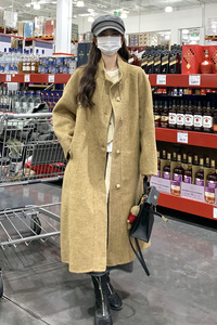 枫叶黄羊绒双面呢大衣女新款冬季高级感气质显瘦立领长款毛呢大衣图片
