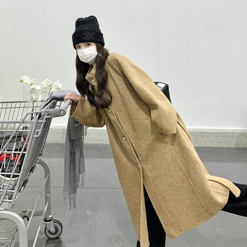 枫叶黄羊绒双面呢大衣女新款冬季高级感气质显瘦立领长款毛呢大衣,女装毛呢外套,昱儿e优优