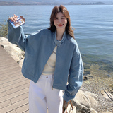 韩系独特好看蓝色短款夹克外套女春秋2025新款超火高级感小众上衣，女装短外套，昱儿e优优