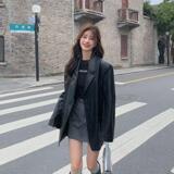 炸街黑色西装式皮衣外套女春秋2025新款pu皮西服又酷又飒，女装皮衣，昱儿e优优
