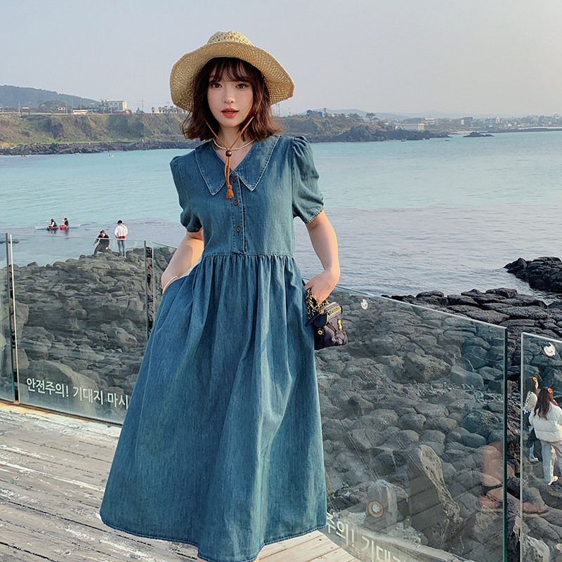 复古娃娃领牛仔连衣裙女2024夏新款泡泡袖温柔风气质初恋长裙子,女装连衣裙,昱儿e优优