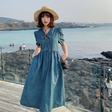 复古娃娃领牛仔连衣裙女2024夏新款泡泡袖温柔风气质初恋长裙子，女装连衣裙，昱儿e优优