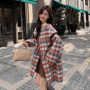 海军娃娃领格子双面羊绒大衣女秋冬独特好看高级感中长款毛呢外套图片