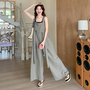 韩系穿搭超火背带裤女2025新款夏小众阔腿裤垂感直筒高腰休闲长裤图片