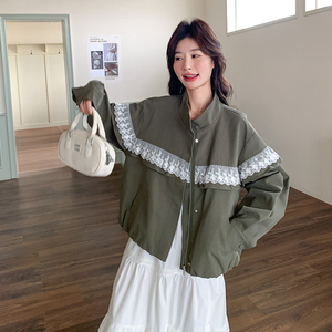蕾丝拼接休闲短外套女2025春季新款设计感超好看宽松时尚夹克上衣图片