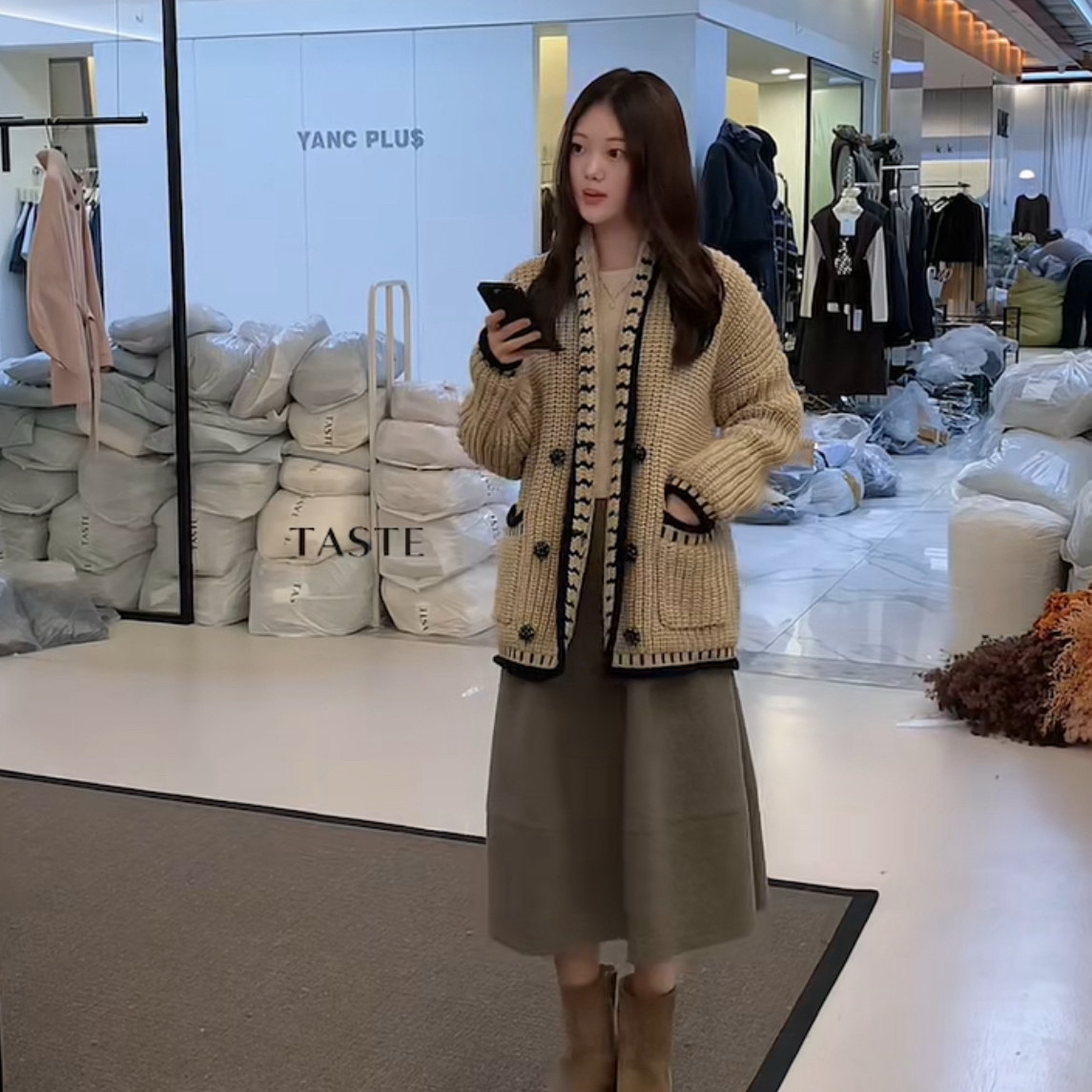 TASTE冬上新爆款推荐复古粗针毛衣外套针织开衫（含20羊毛）6005