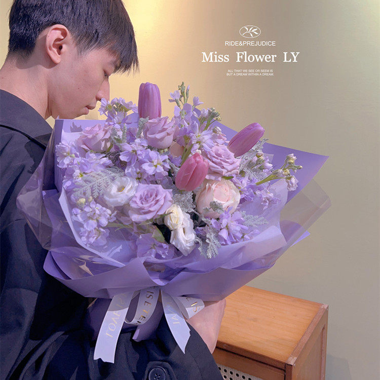 温柔的爱-紫色系郁金香紫罗兰花束-福州鲜花生日礼物鲜花店送花上