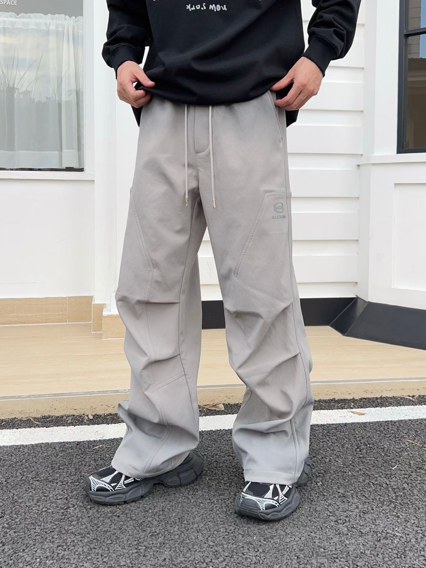潮牌冬季新款男士时尚高端加绒休闲裤高品质潮流百搭嘻哈风阔腿裤