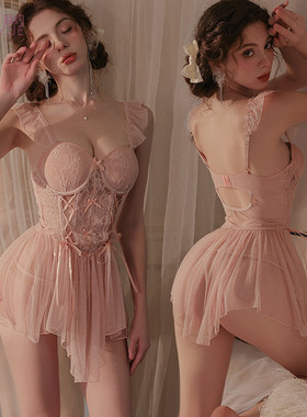 原创性感蕾丝诱惑聚拢睡衣纯欲内衣系带鱼骨束身睡裙