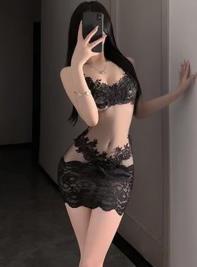 内衣性感诱惑纯欲蕾丝包臀裙透视系带挂脖镂空激情免脱睡衣裙