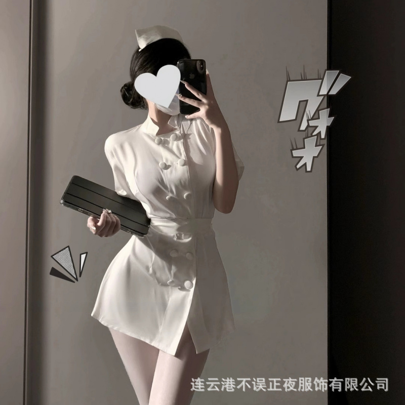 内衣性感护士制服纯欲免脱睡衣圆领短裙绑带套装qqny