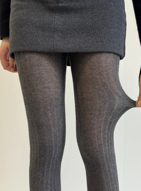 灰色春秋竖条纹连裤袜女薄款miu风丝袜针织宽条打底袜