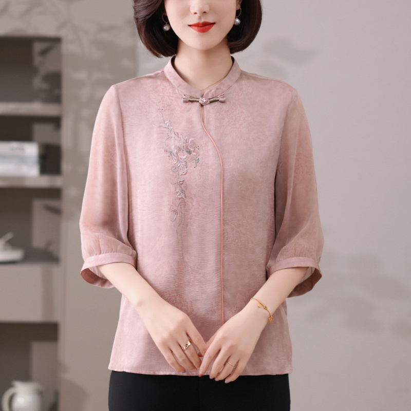 新中式妈妈夏装短袖雪纺上衣