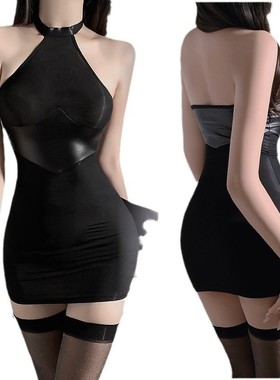 高领紧身透明丝滑油亮透视包臀裙女士皮尤拼接无袖圆领性感半身裙