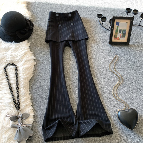 西装裤围裙长裤竖条纹喇叭裤春秋