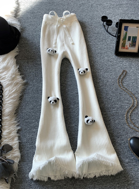 白色条纹针织裤女秋冬熊猫立体装饰高腰垂感显瘦休闲毛边微喇裤子