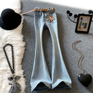 浅蓝微喇牛仔裤女春季2026新款复古辣妹高腰设计感显瘦修身马蹄裤